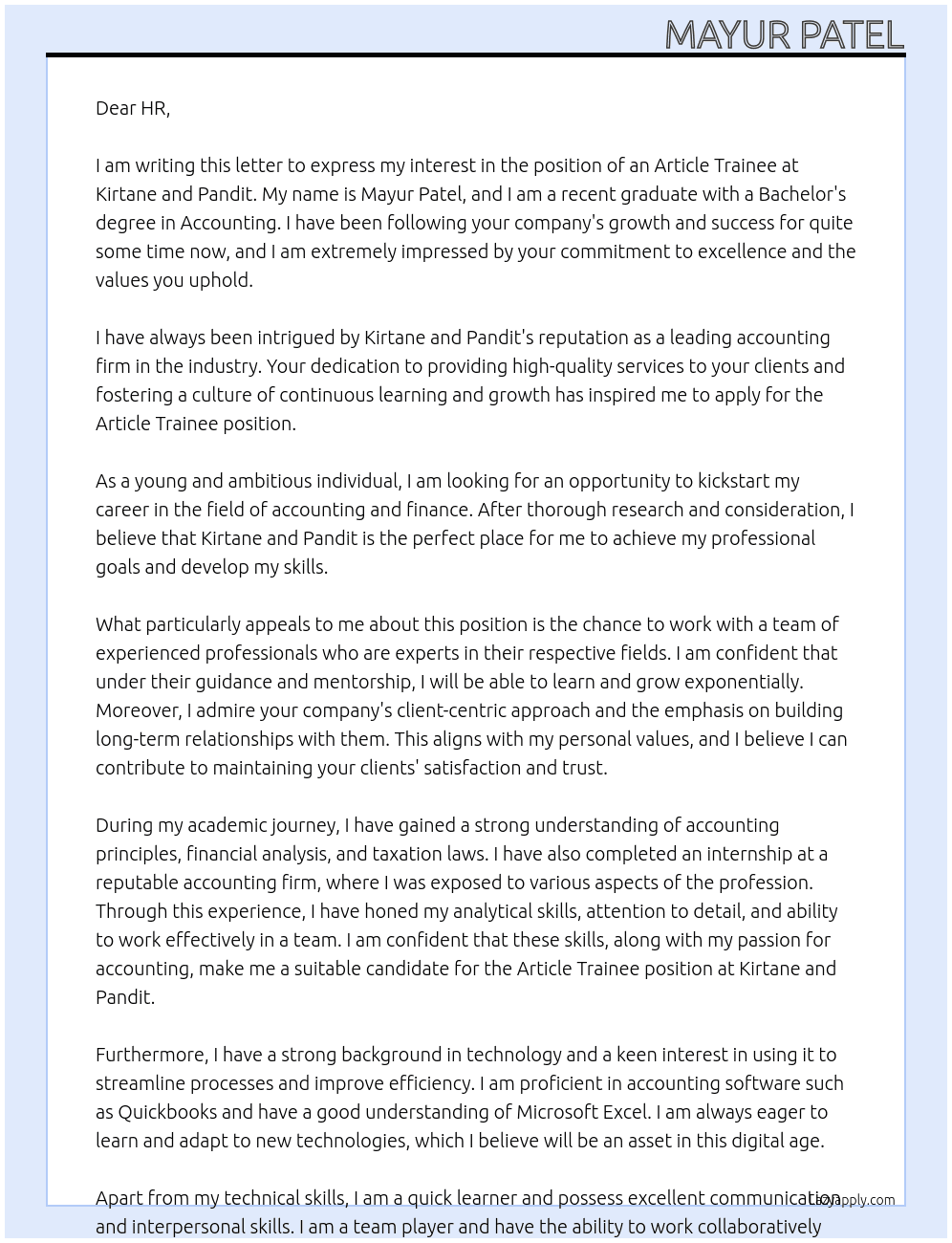 Article trainee  At Kirtane and pandit Cover Letter