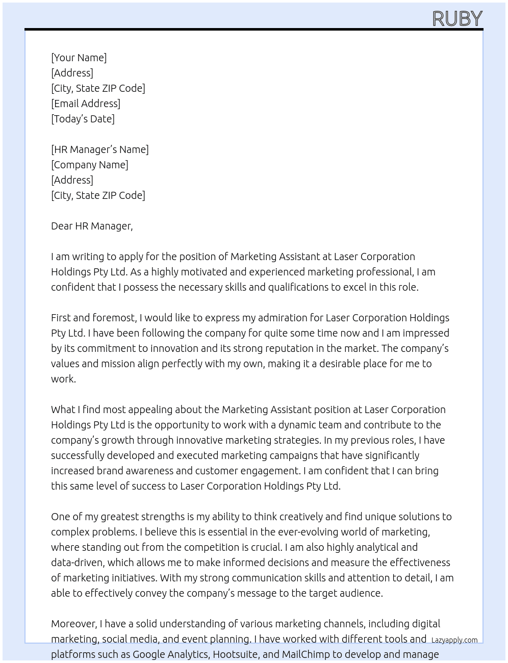 Marketing Assistant At Laser Corporation Holdings Pty Ltd. Cover Letter