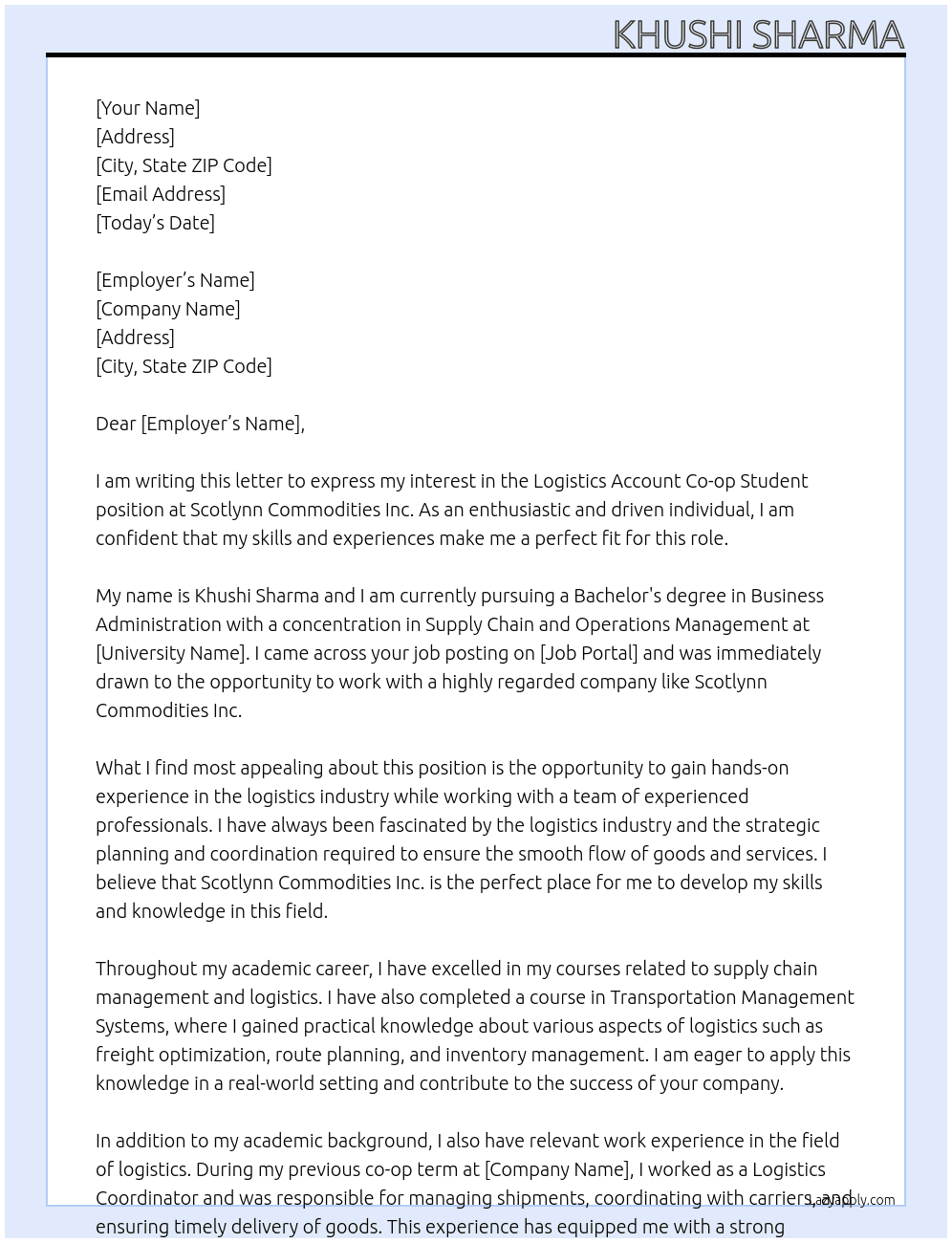 Logistics Account Co-op Student At Scotlynn Commodities Inc. Cover Letter