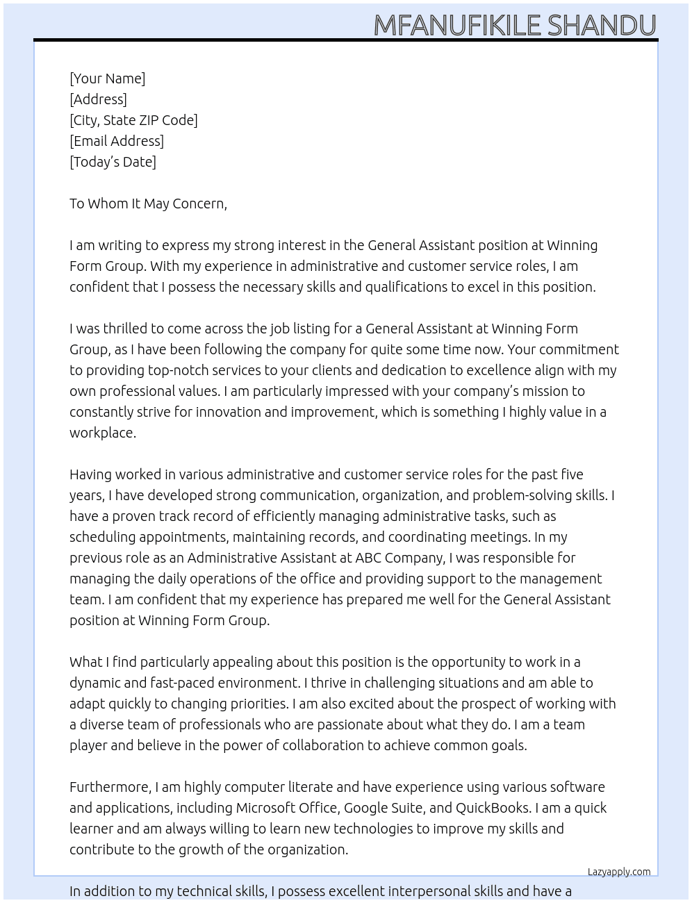 General Assistant At Winning Form Group Cover Letter