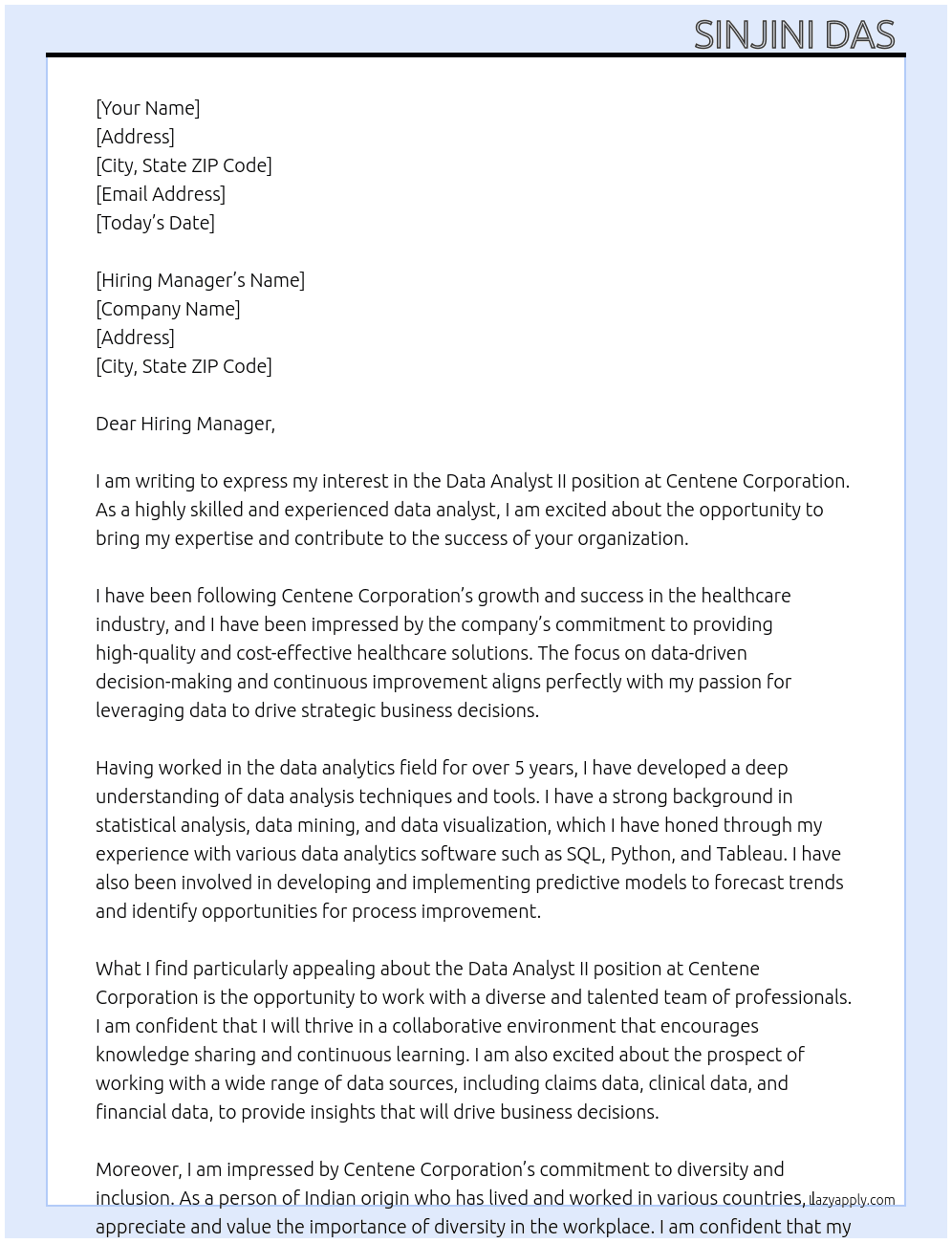 DATA ANALYST II At CENTENE CORPORATION Cover Letter