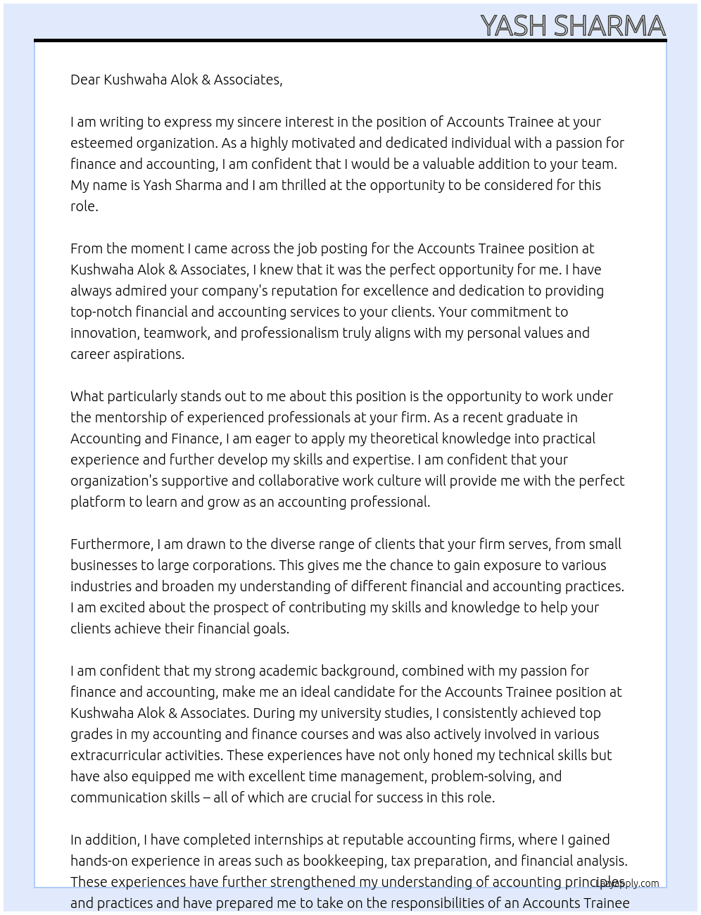 Accounts trainee  At Kushwaha Alok & Associates Cover Letter