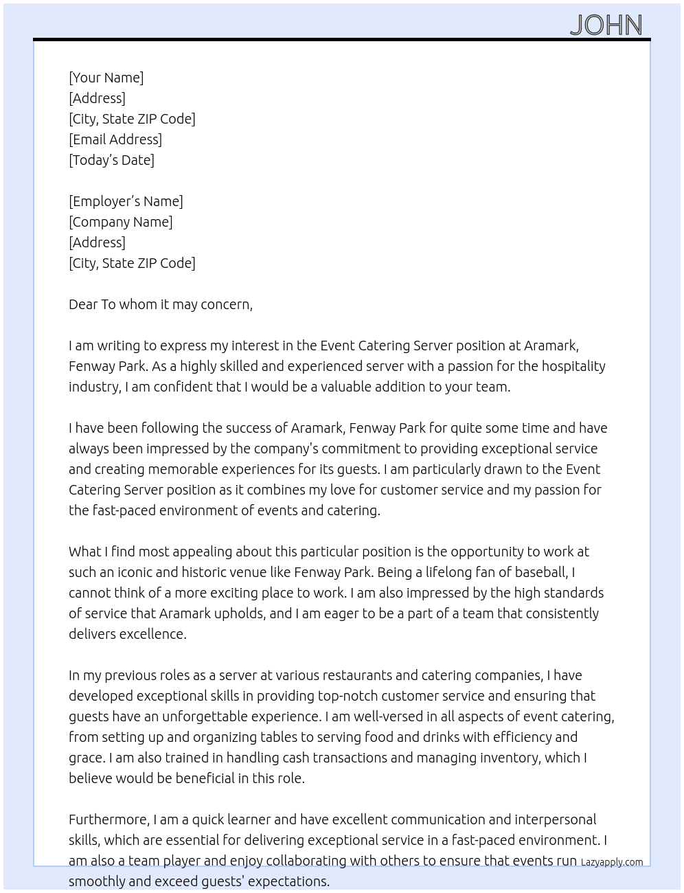 Event Catering Server  At Aramak, Fenway Park  Cover Letter