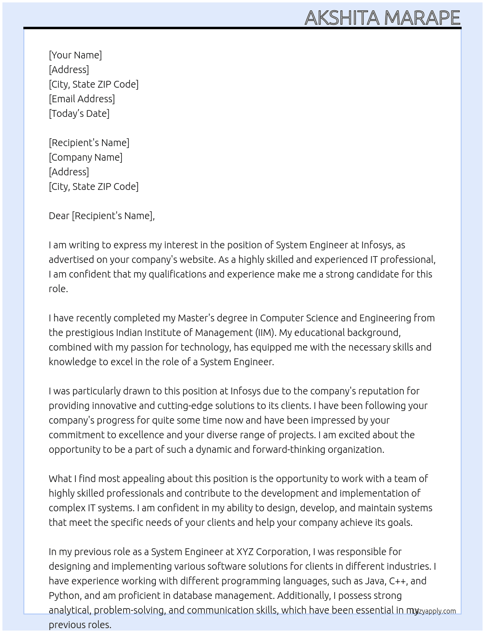 System engineer  At Infosys Cover Letter