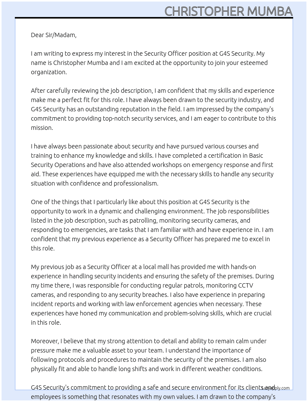 SECURITY OFFICER At G4S SECURITY Cover Letter