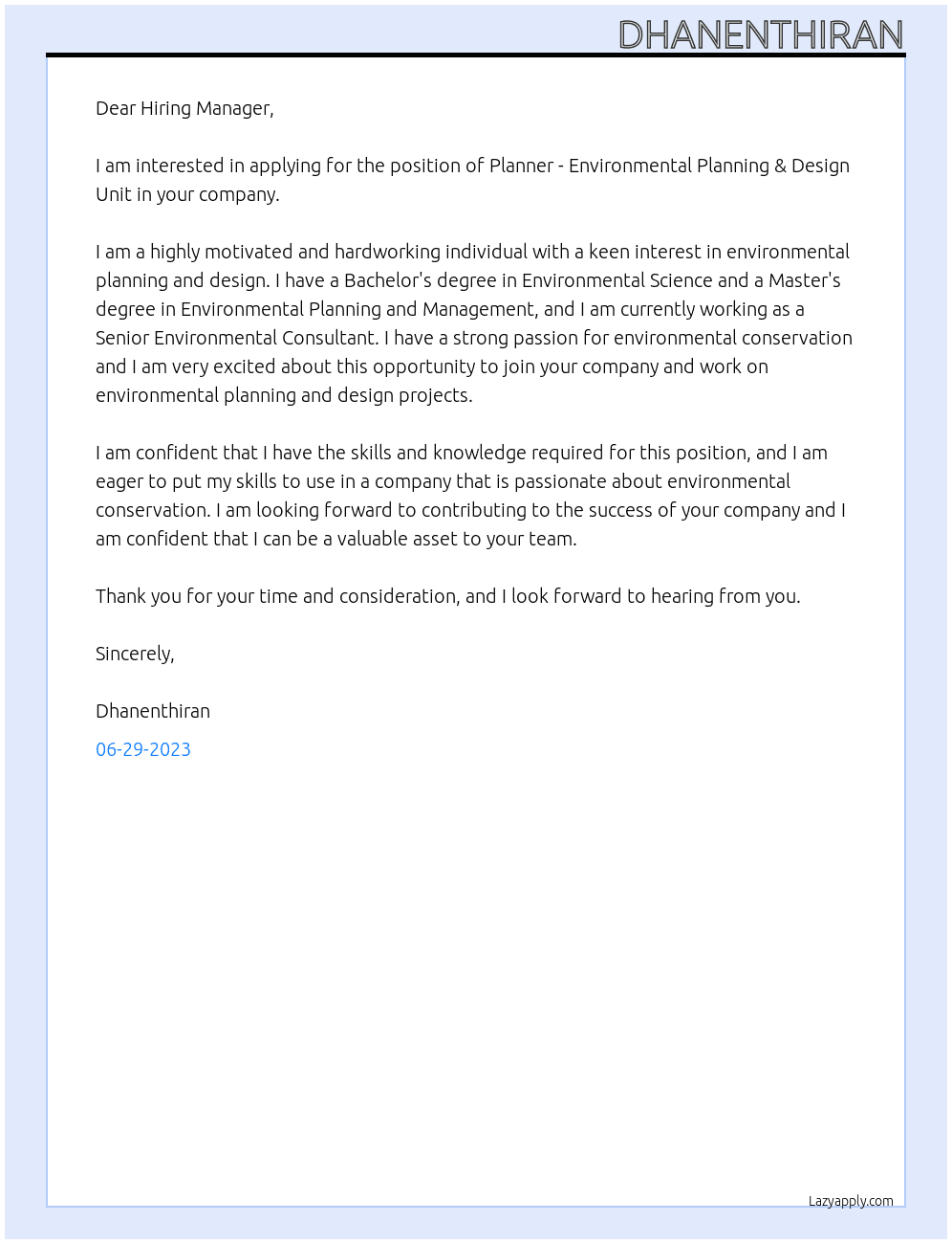 Planner - Environmental Planning & Design Unit At JTC Corporation Cover Letter