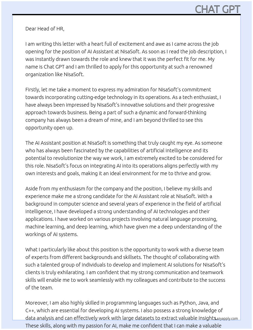 AI Assistant At NisaSoft Cover Letter