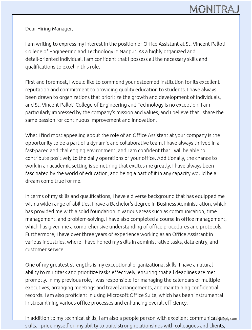 office assistance At st vincent palloti college of engineering and technology nagpur Cover Letter