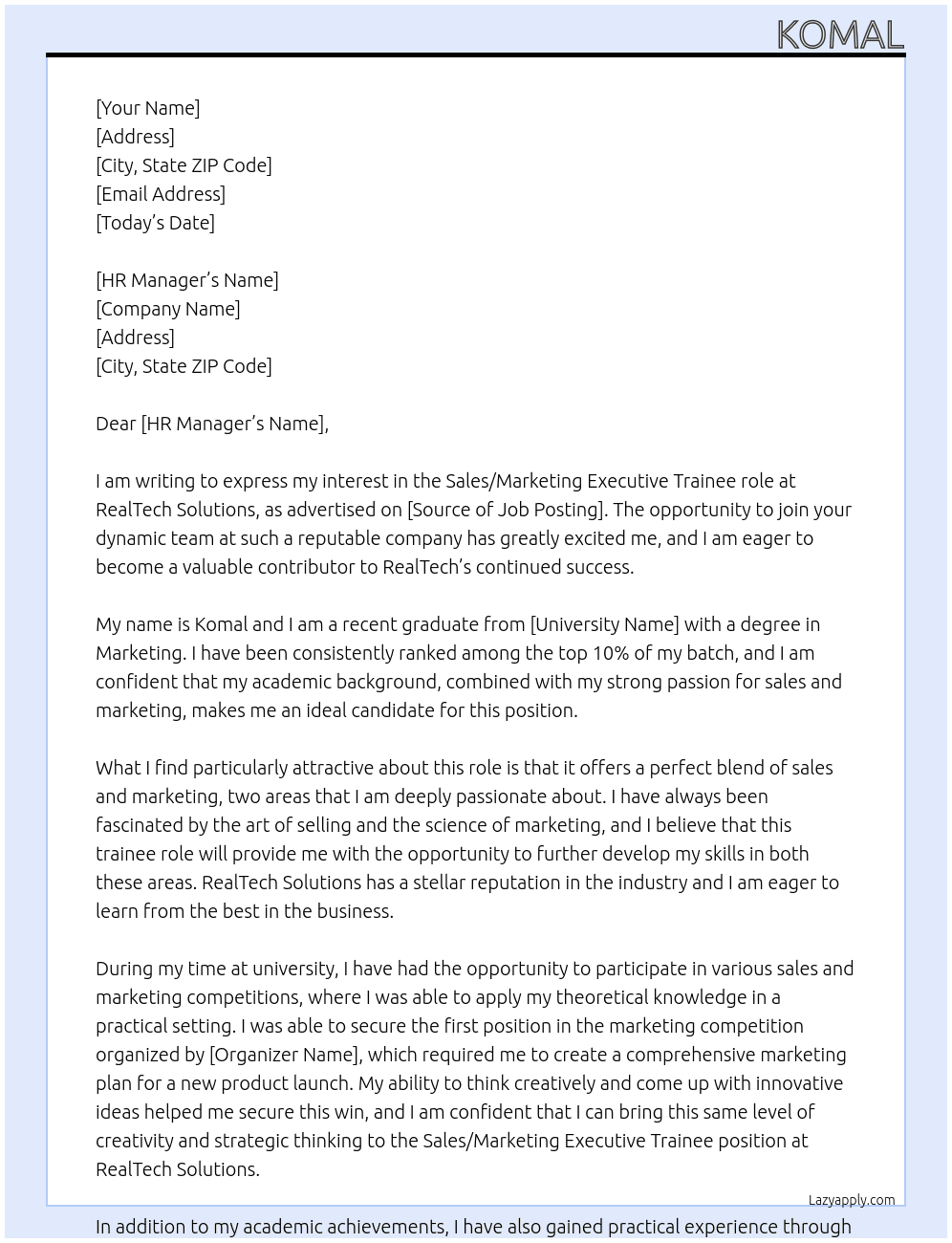 Sales/Marketing Executive  At RealTech Solutions  Cover Letter