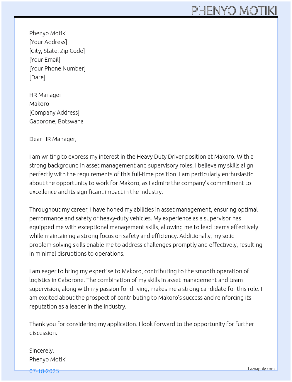 Heavy Duty Driver At Makoro Cover Letter