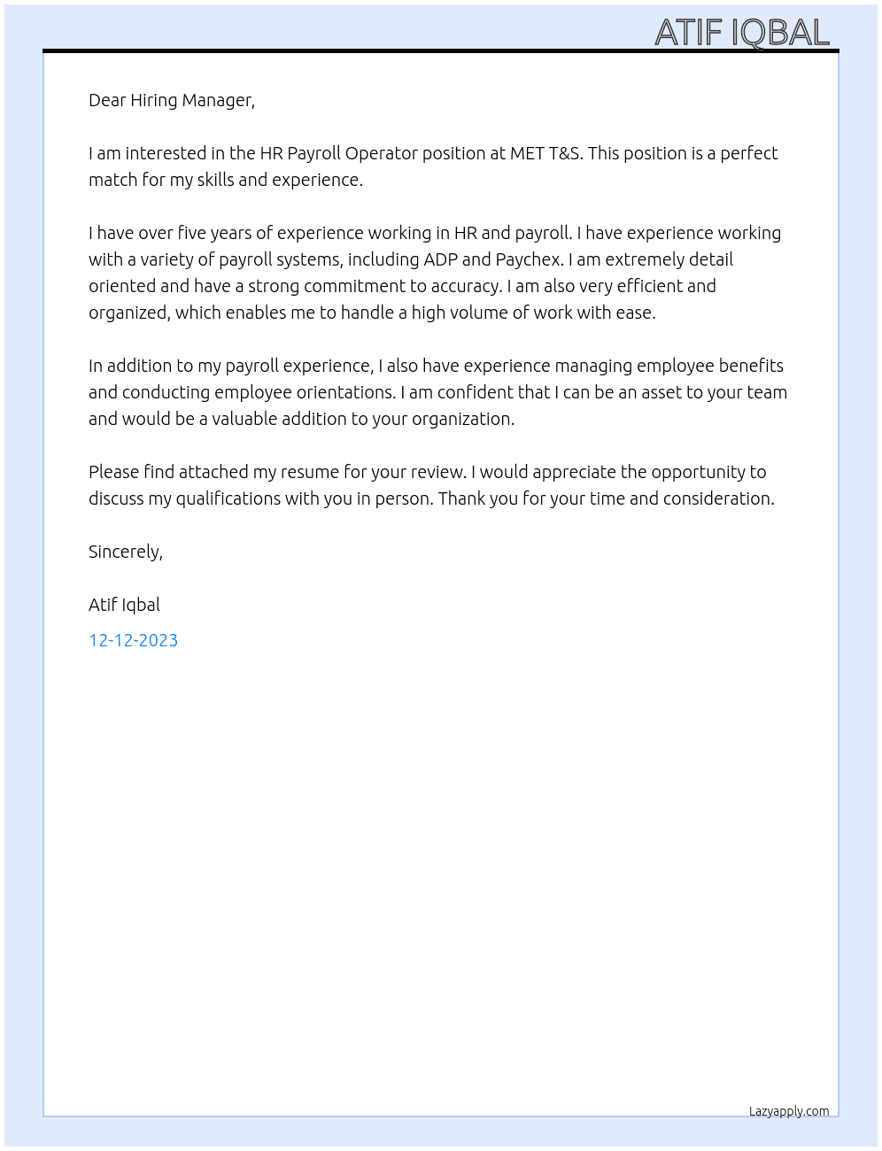 HR Payroll Operator  At MET T&S Cover Letter