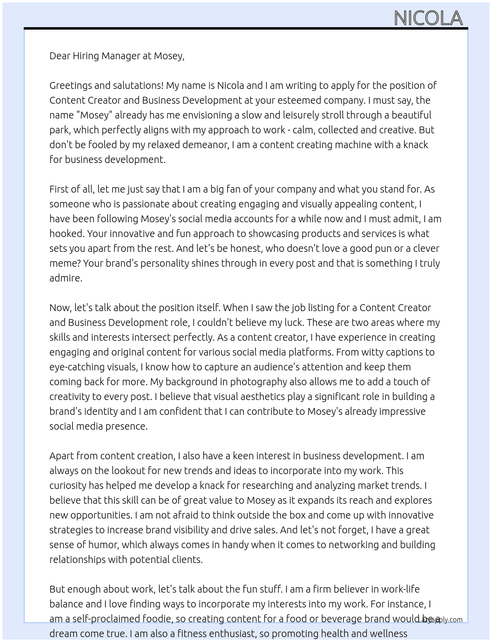 Content Creator and Business Development At Mosey  Cover Letter