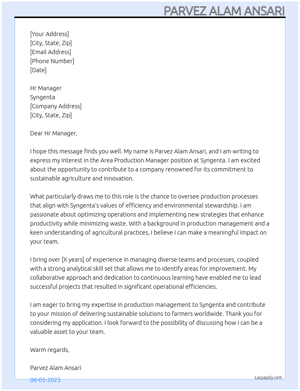 Area Production Manager At Syngenta  Cover Letter