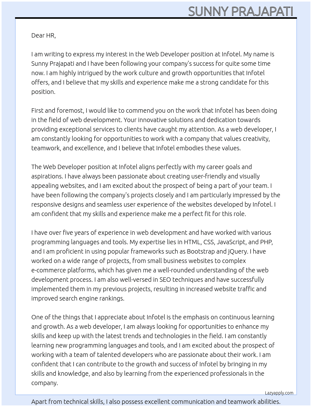 Web Developer  At Infotel Cover Letter
