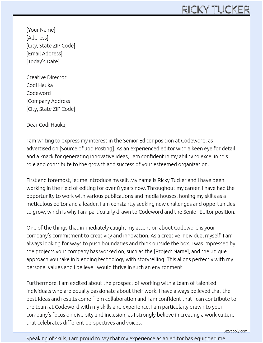 Senior Editor At Codeword Cover Letter