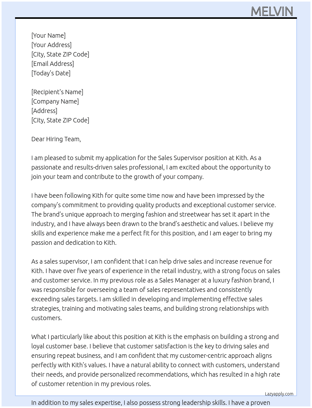 Sales supervisor  At Kith Cover Letter