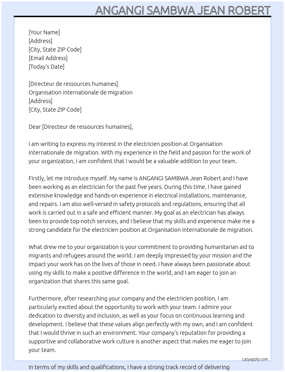 electricien At Organisation internationale de migration Cover Letter