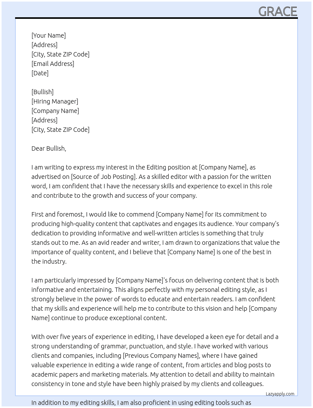Editing At Grace Cover Letter
