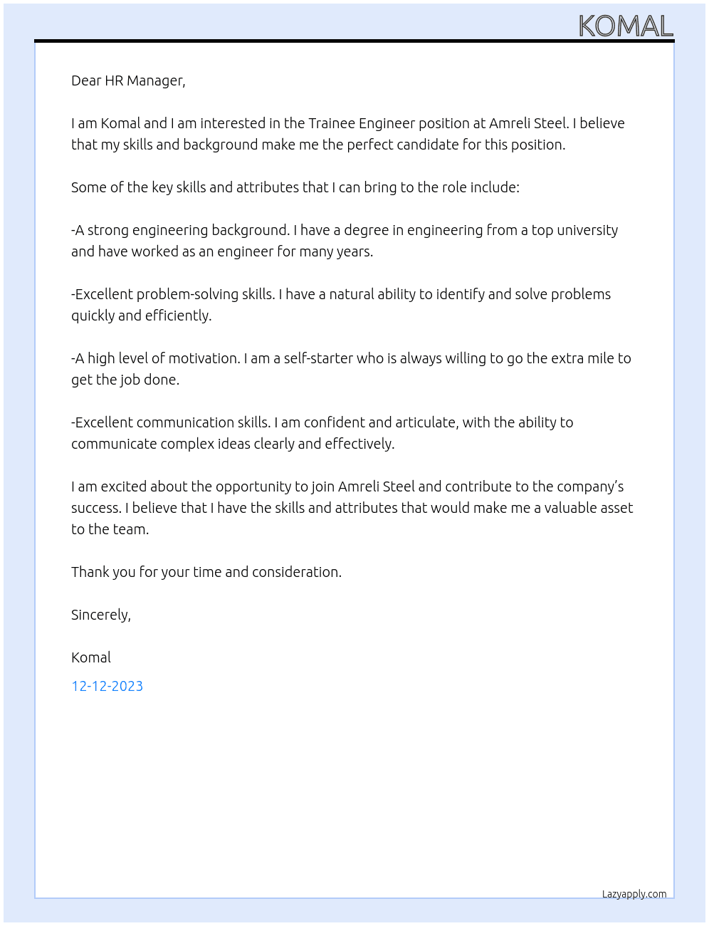 Trainee Engineer  At Amreli Steel Cover Letter