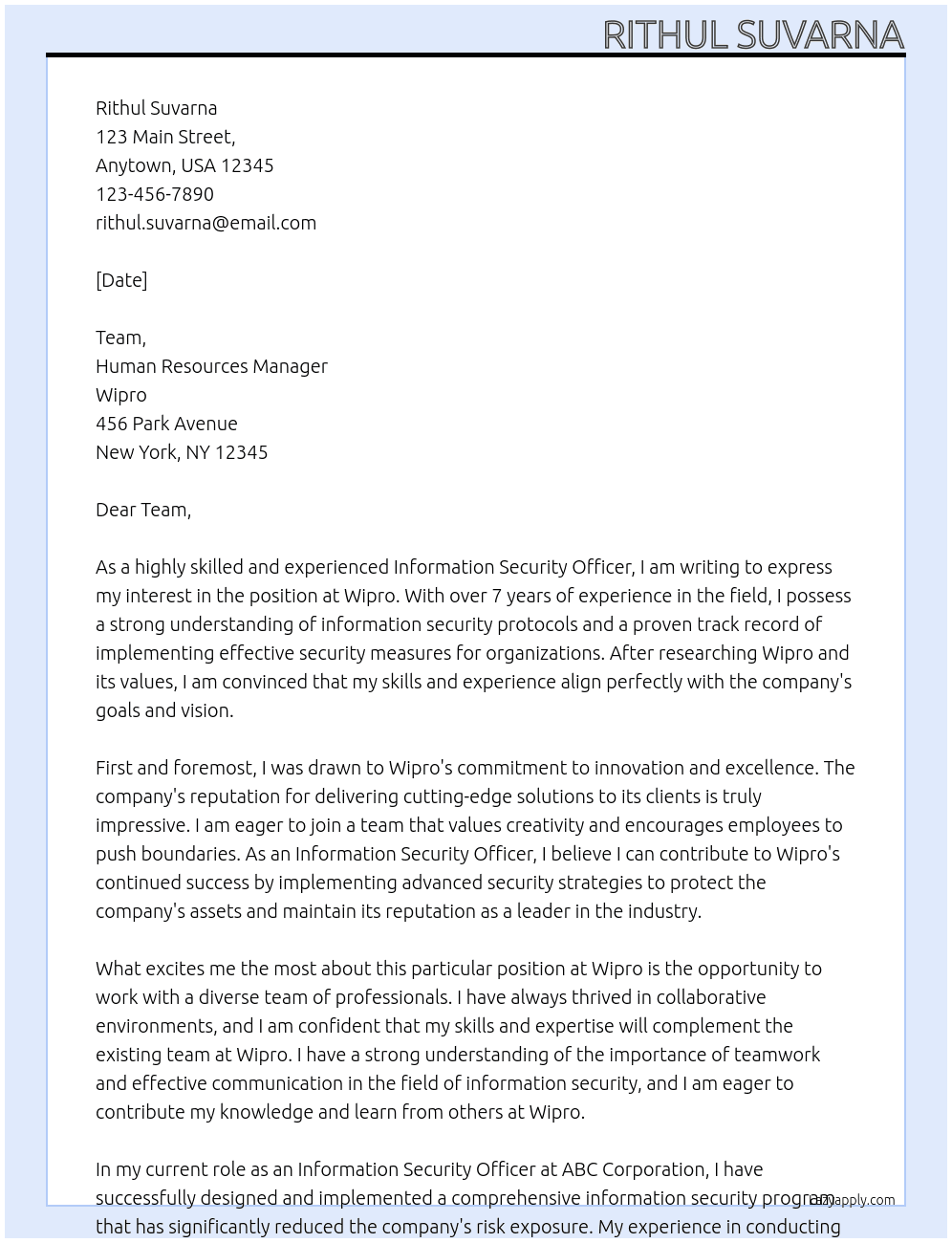 Cover letter for information security officer - LazyApply