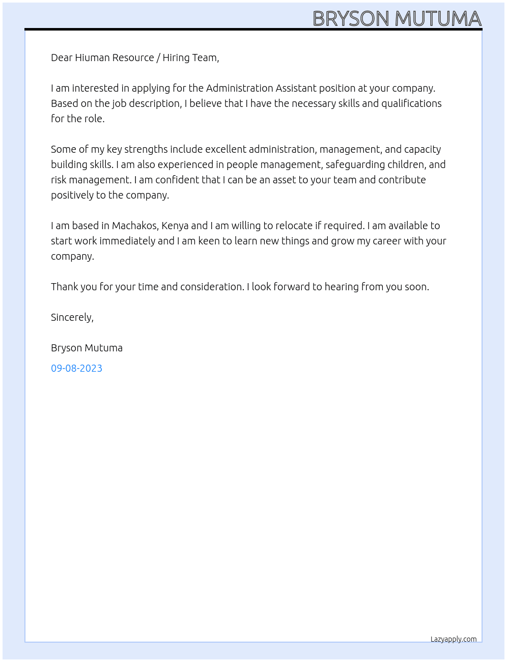 Administration Assistant At bryson mutuma Cover Letter