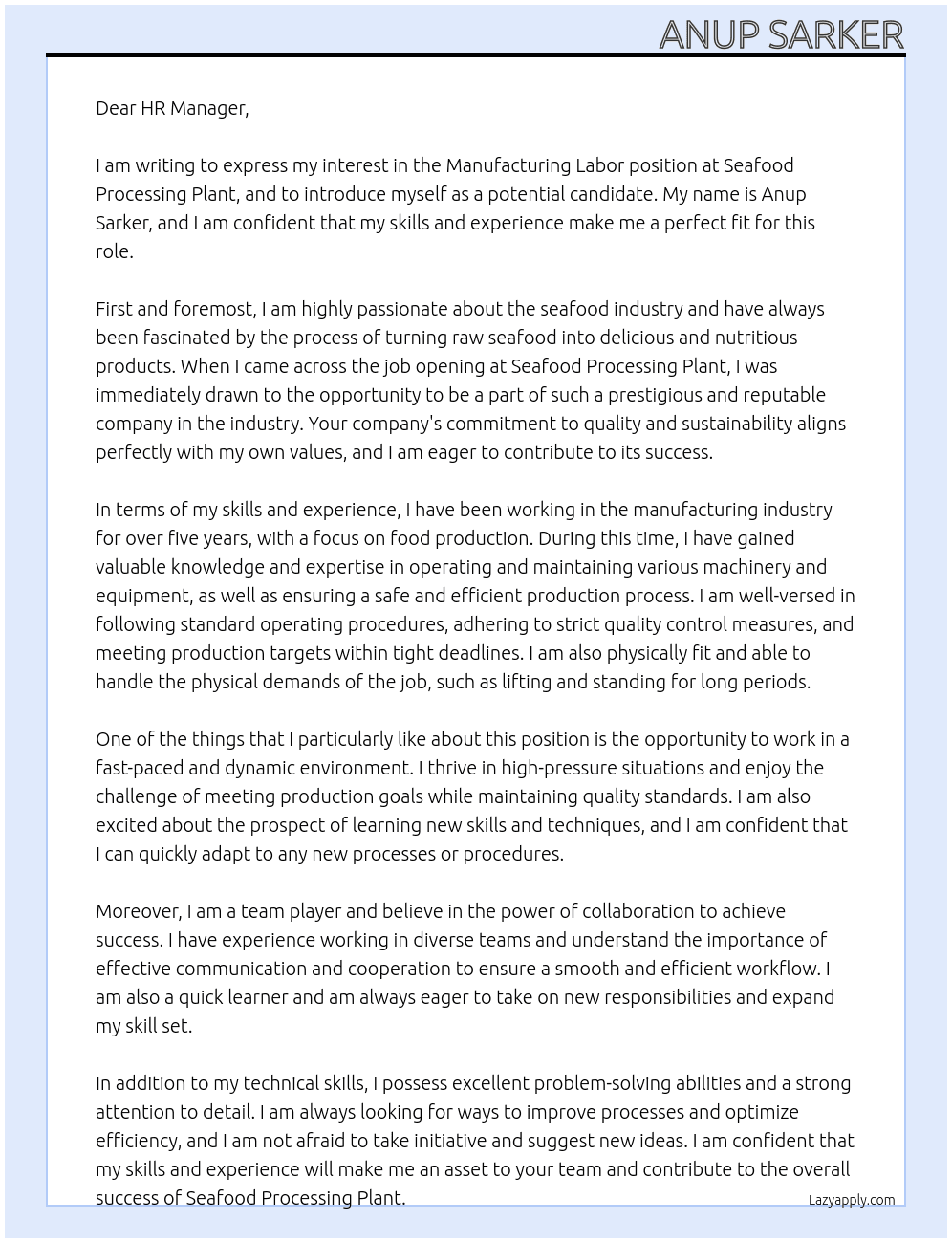 Manufacturing labor At Seafood processing plant Cover Letter