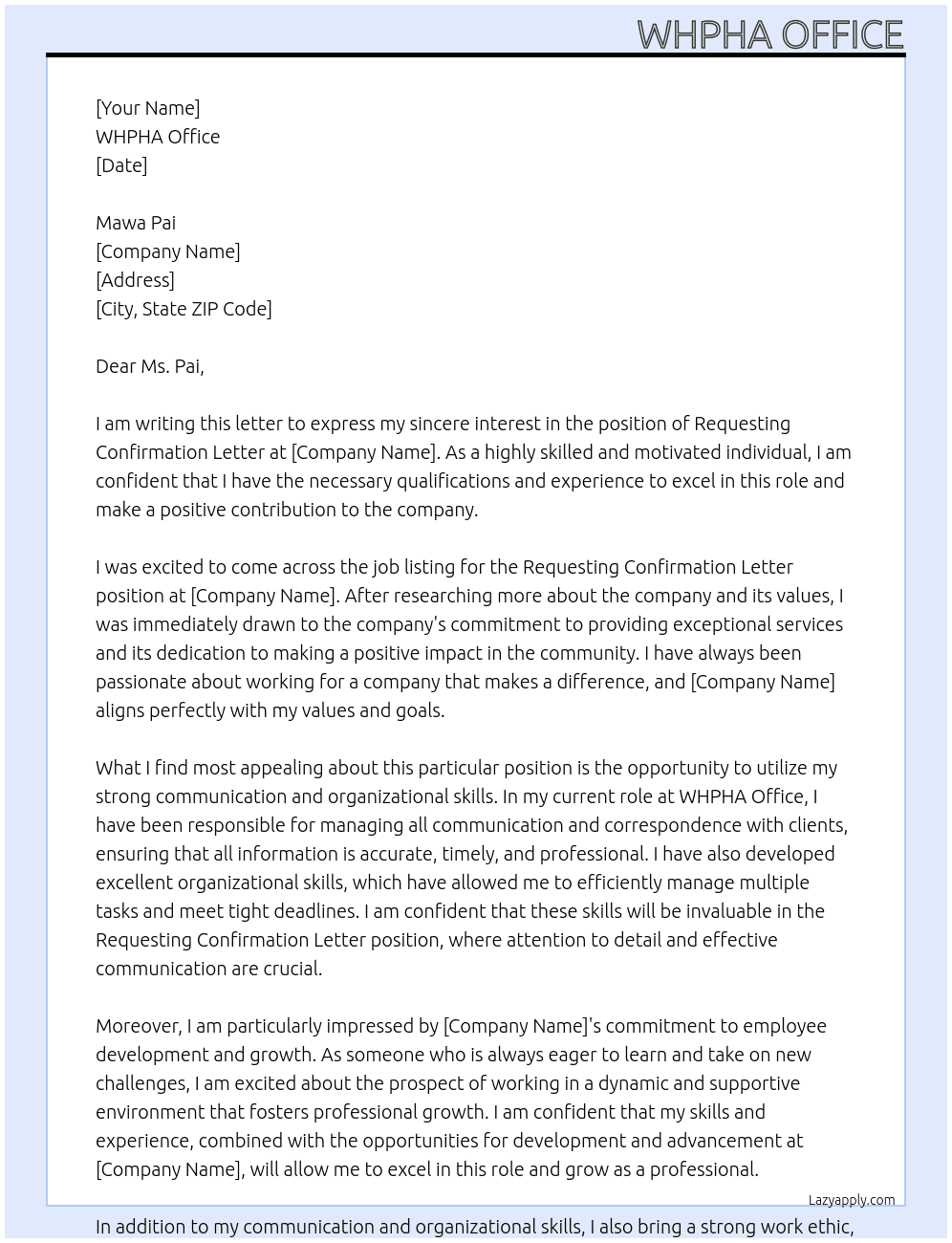 REQUESTING CONFIRMATION LETTER At Confirmation Cover Letter