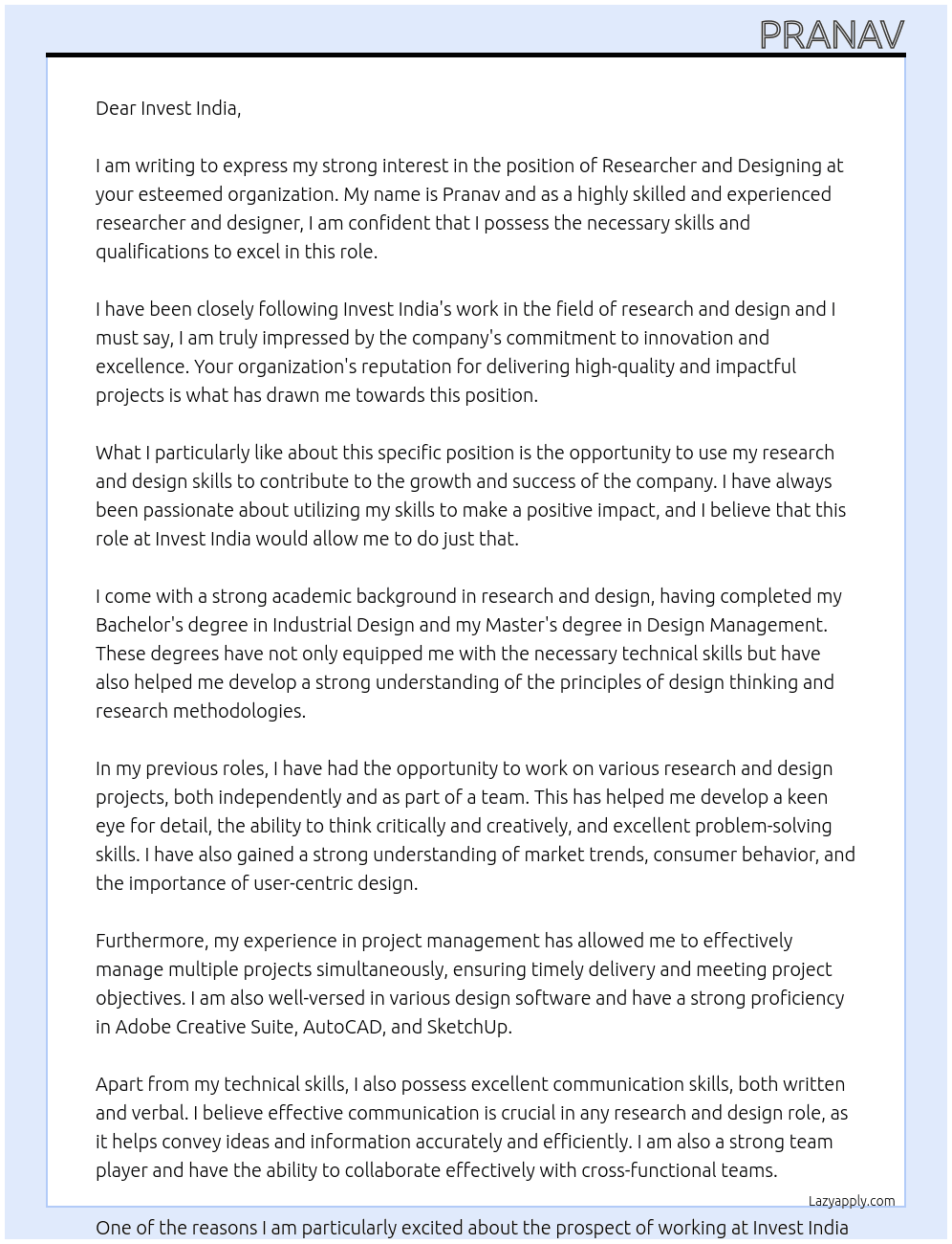 Researcher and Designing At Invest India Cover Letter