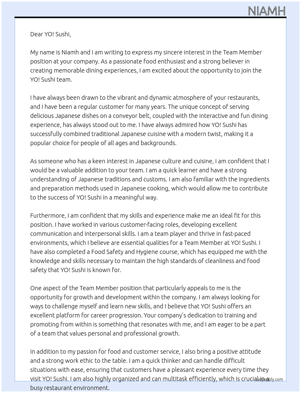 Team member At YO! Sushi Cover Letter
