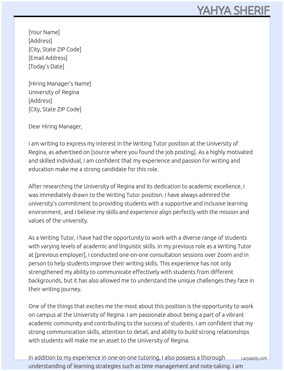 Cover letter for writing tutor - LazyApply