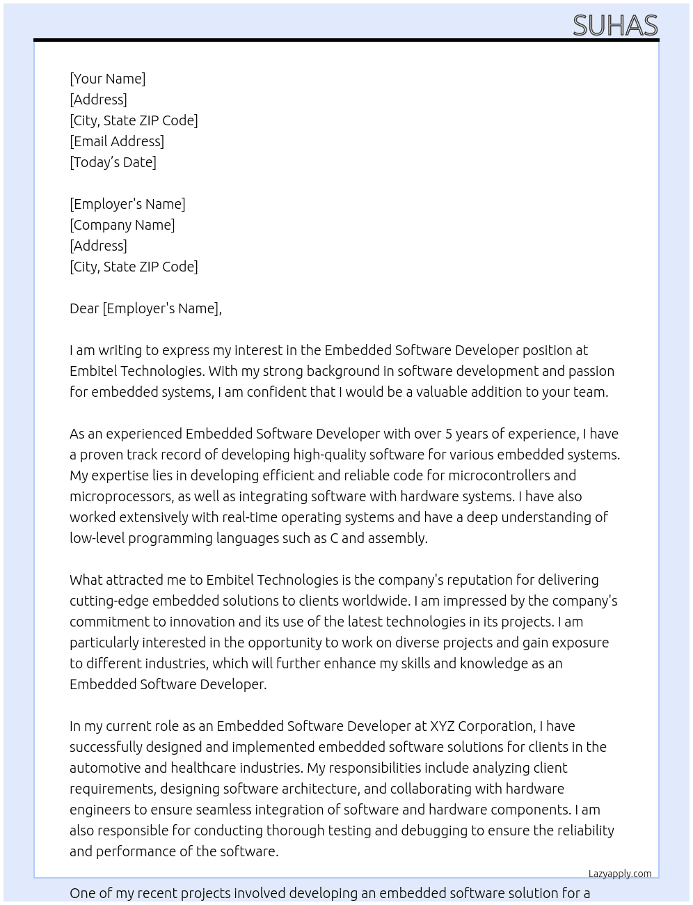 Embedded Software Developer At Embitel Technologies Cover Letter