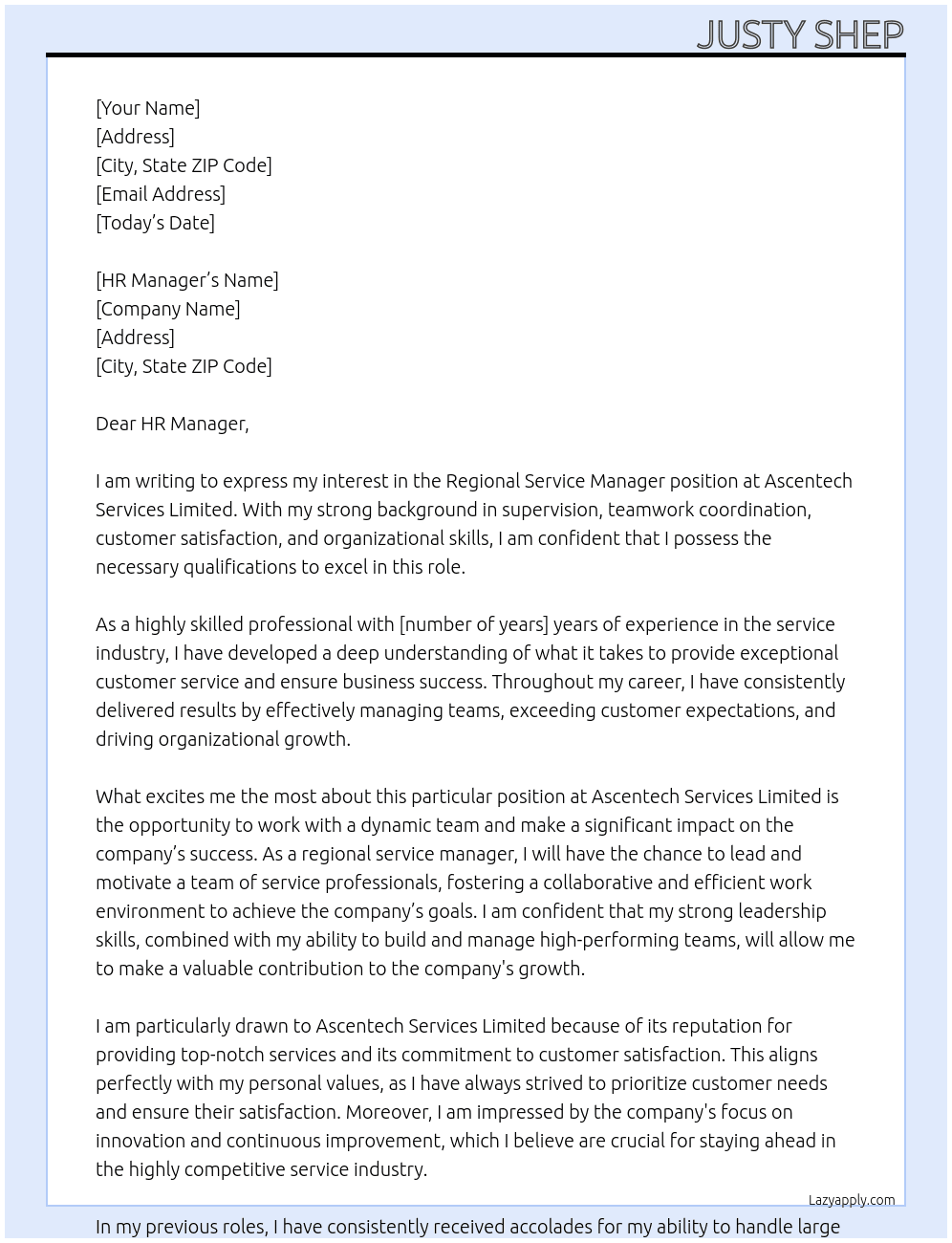 REGIONAL SERVICE MNAGER At                      Ascentech Services Limited                                                                                                                                                                                                                                                                                  Cover Letter