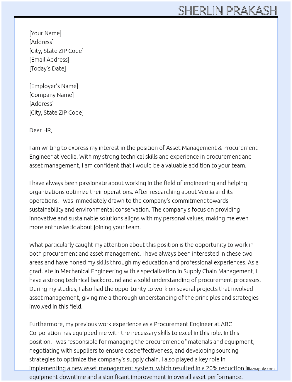  Asset Management & Procurement Engineer At veolia Cover Letter