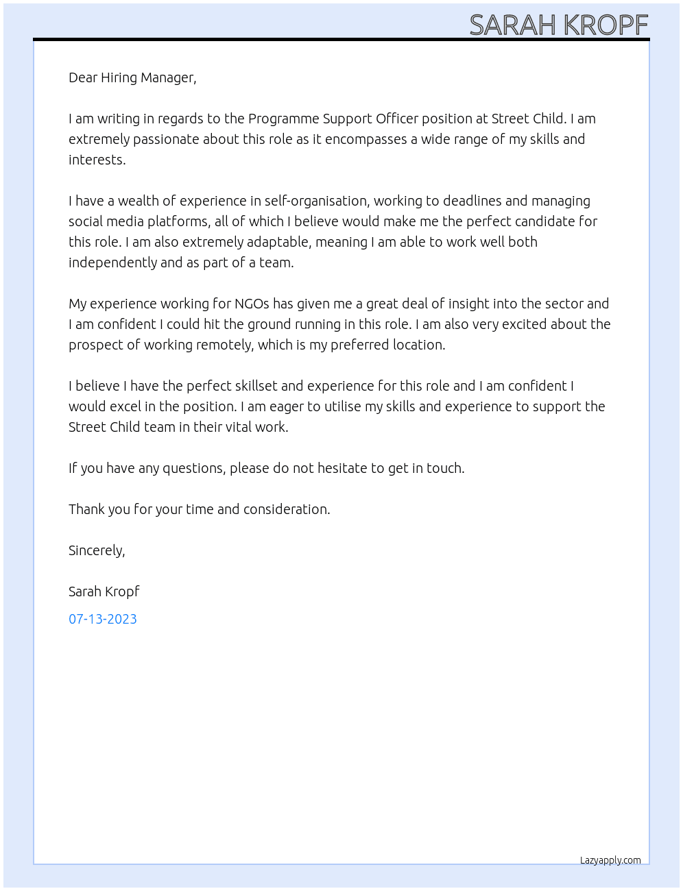 Programme Support Officer  At Street Child Cover Letter