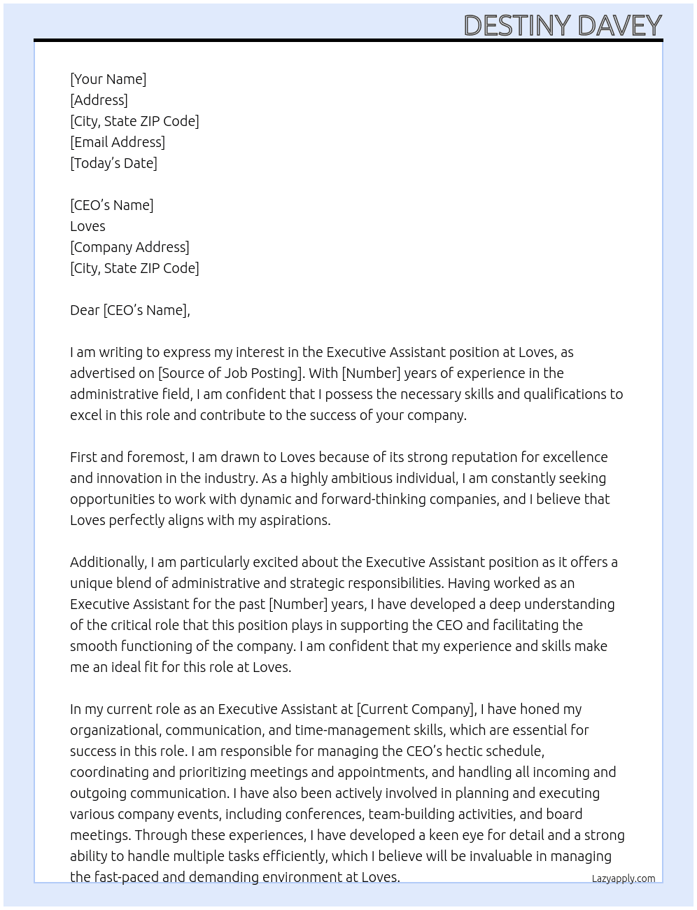 Executive Assistant  At Loves  Cover Letter