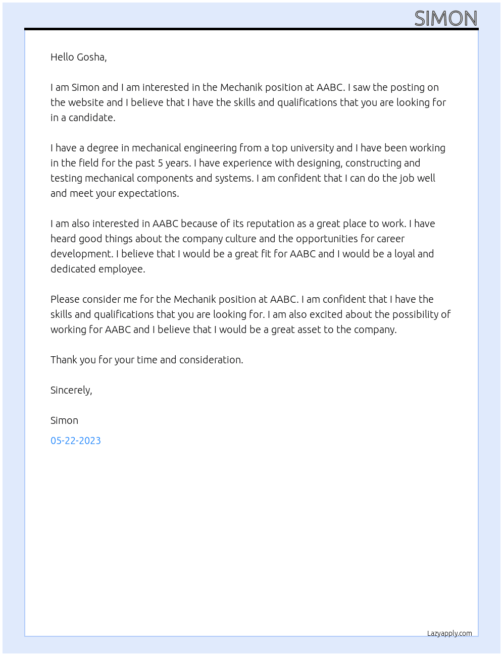 Mechanik At AABC Cover Letter