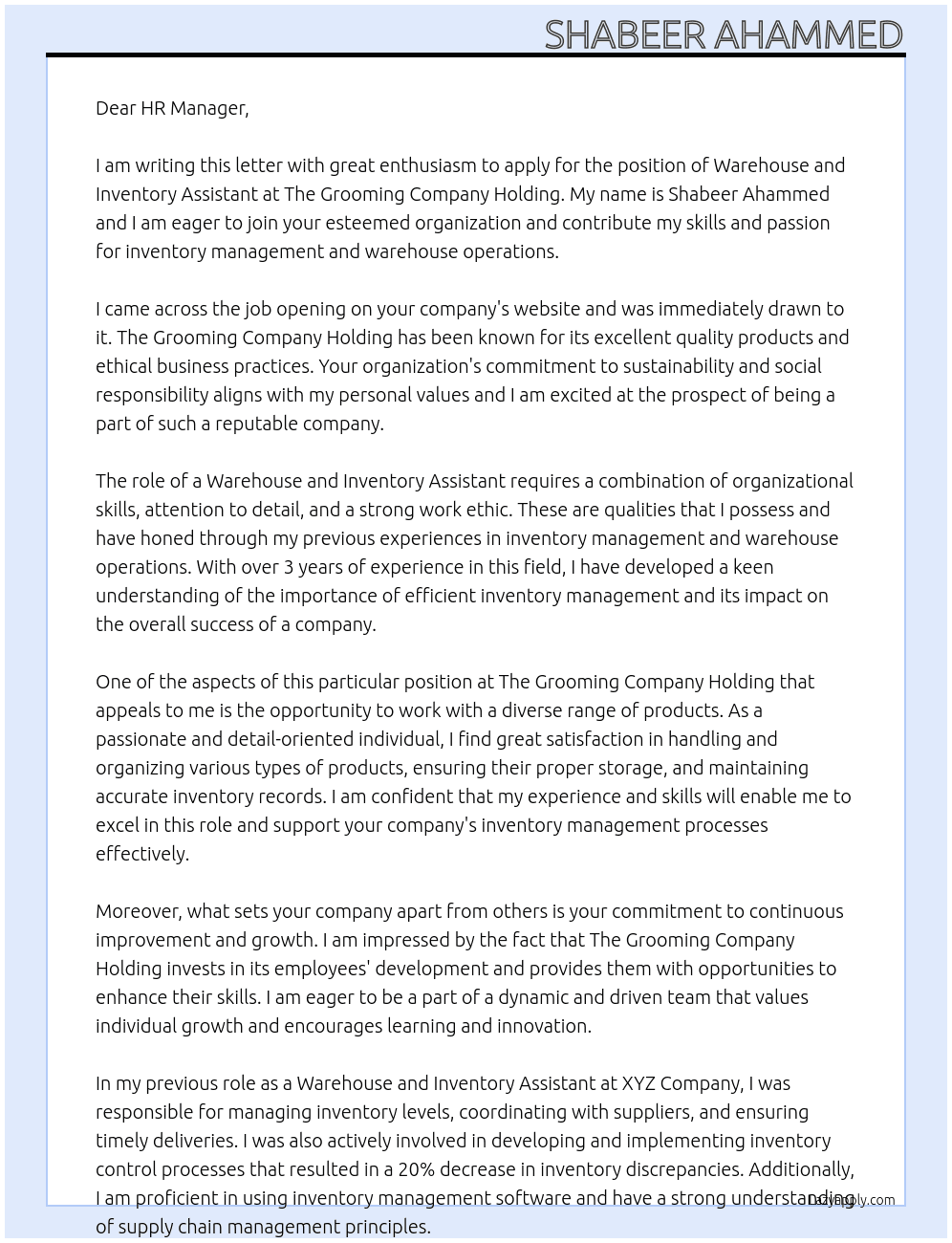 Warehouse and Inventory Assistant At The Grooming Company Holding Cover Letter