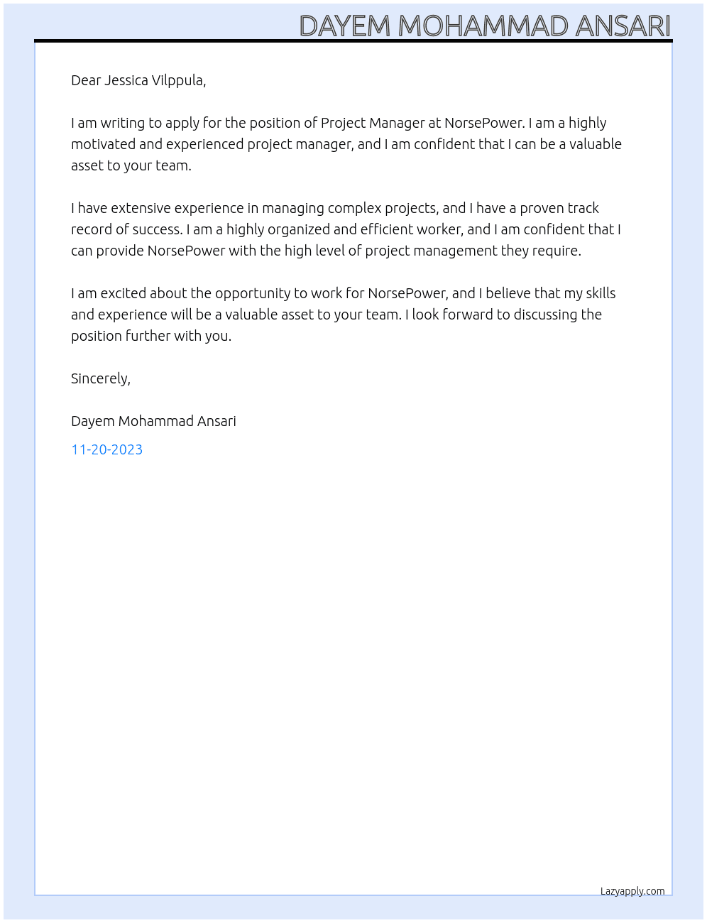 Project Manager At NorsePower Cover Letter