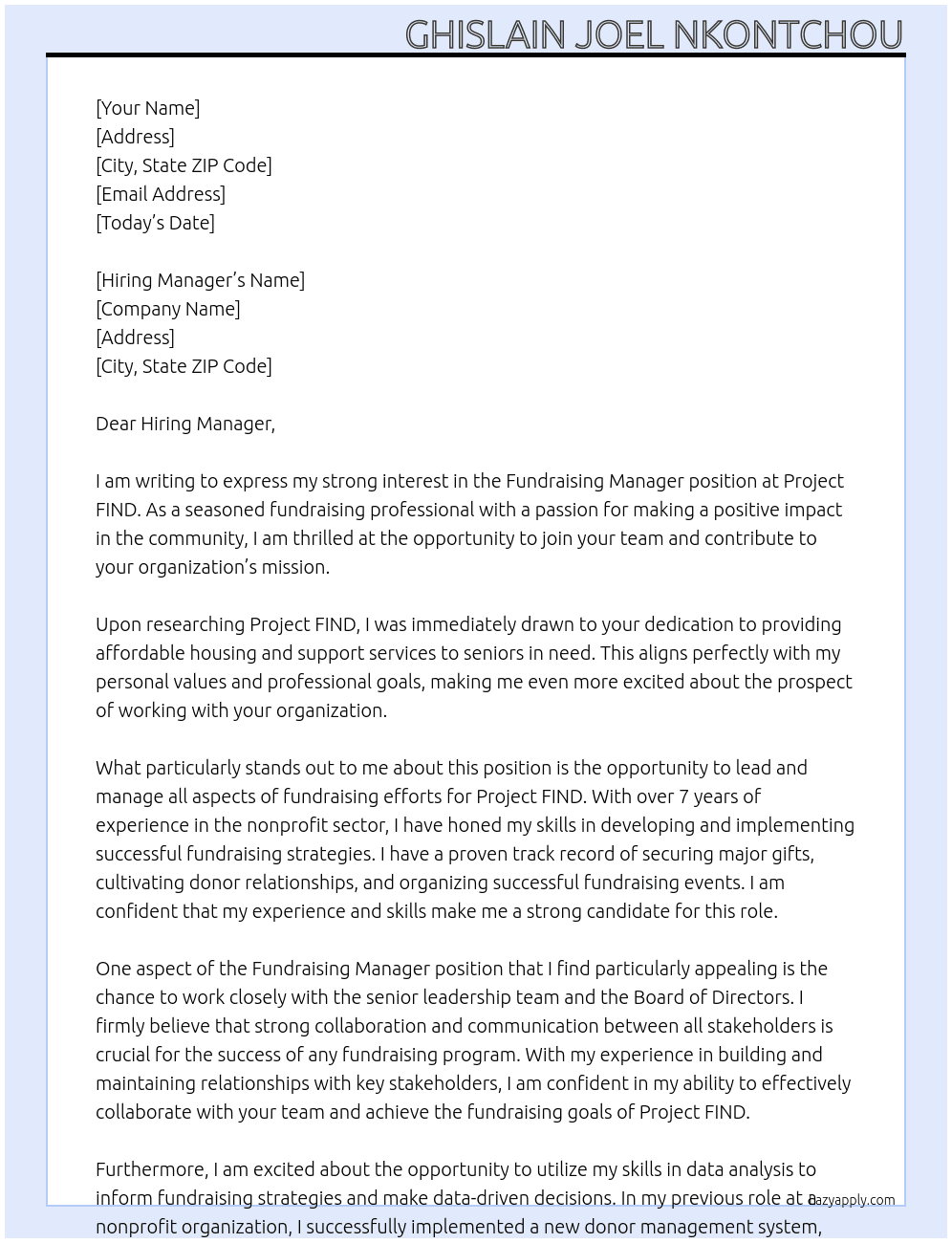 Cover letter for fundraising manager - LazyApply
