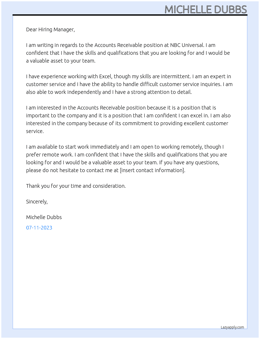 Accounts Receivable At NBC Universal  Cover Letter
