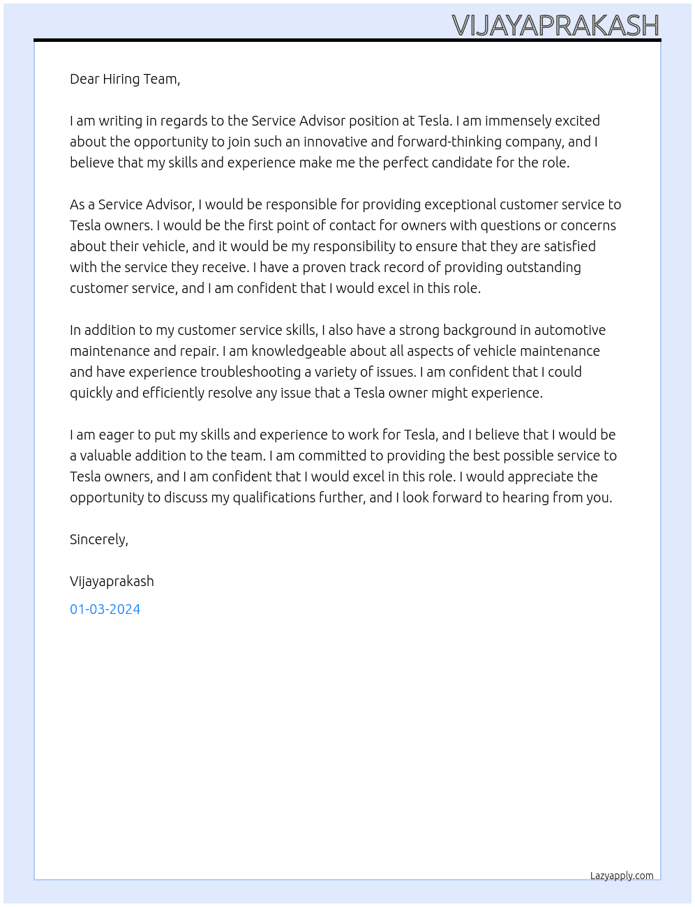 Service Advisor At TESLA Cover Letter