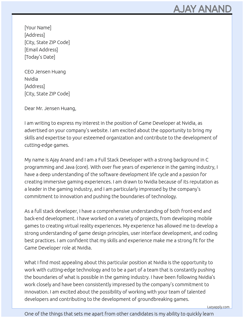 Game developer  At Nvidia  Cover Letter