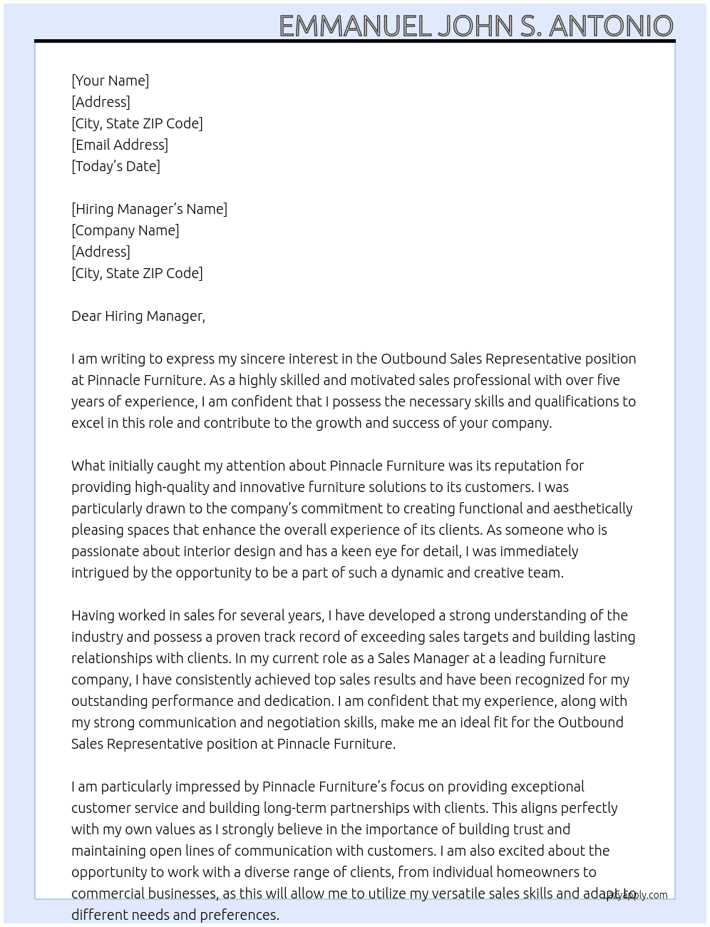 Outbound Sales Representative At Pinnacle Furniture Cover Letter