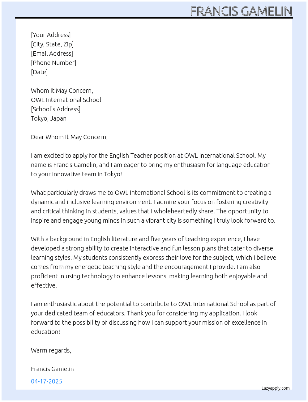 English teacher At OWL International School Cover Letter