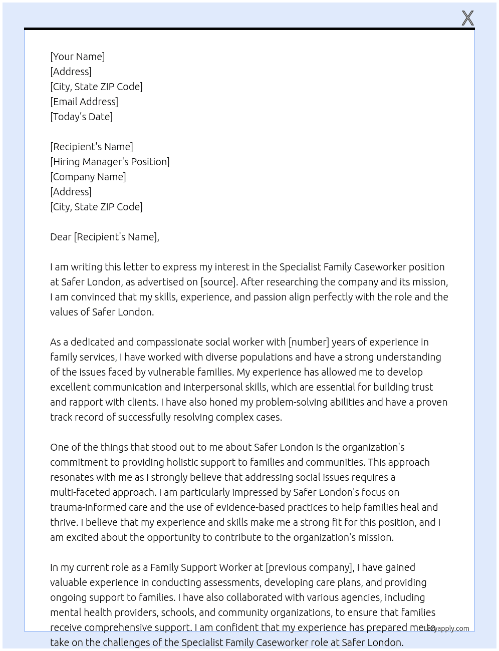 Specialist Family Caseworker At Safer London Cover Letter