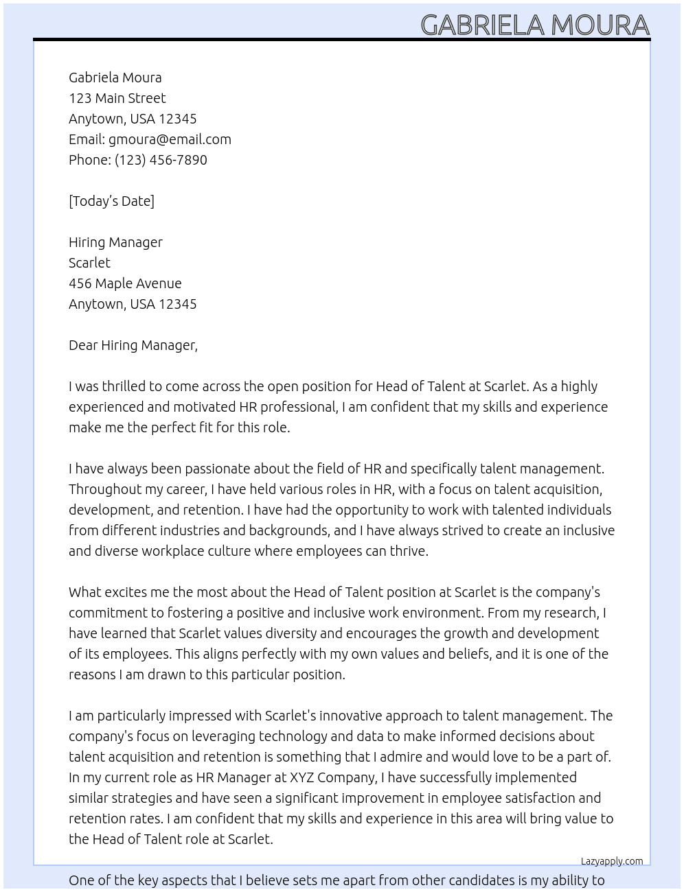 Head of Talent At Scarlet Cover Letter