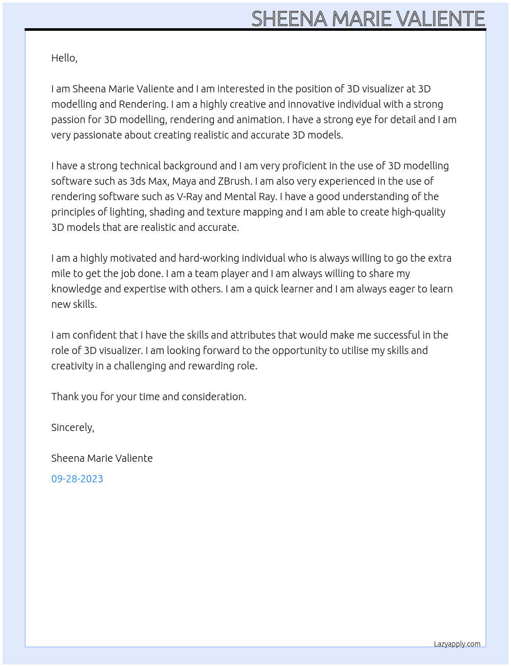 3D visualizer At 3D modelling and Rendering Cover Letter