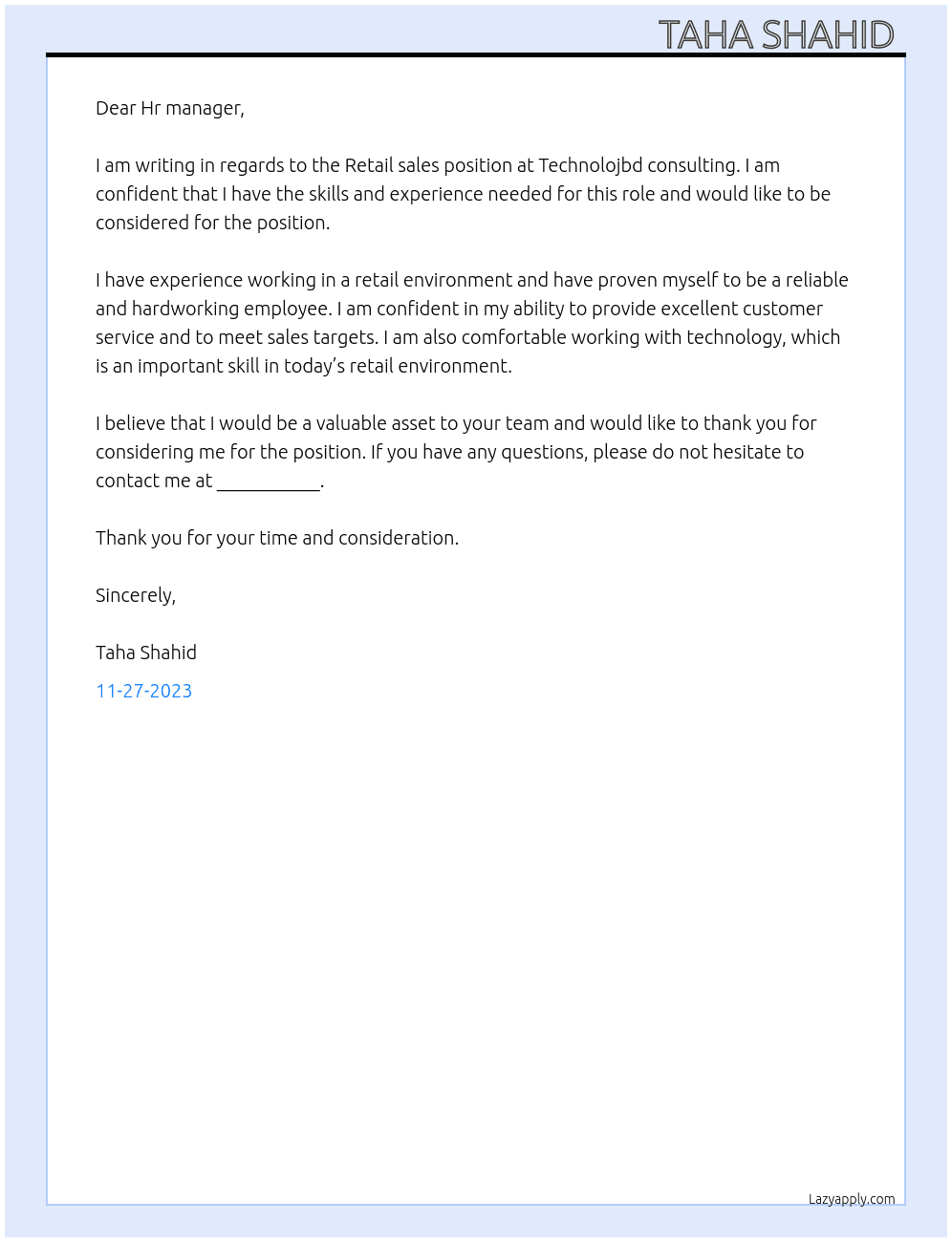 Retail sales At Technolojbd consulting  Cover Letter
