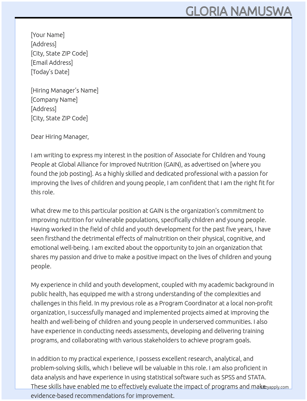 Cover letter for associate, children and young people - LazyApply