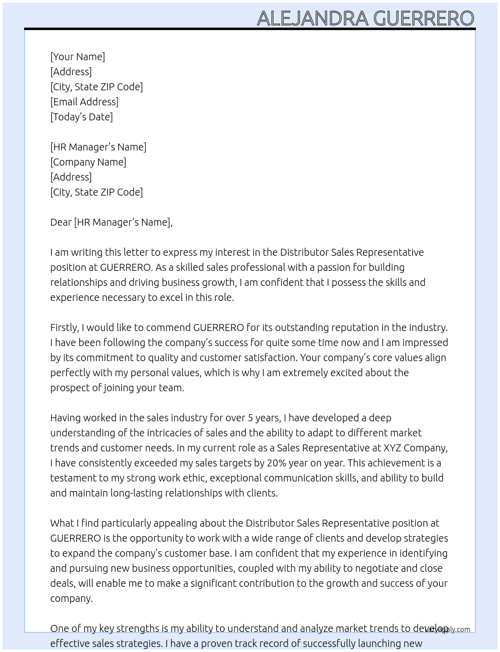 Distributor Sales Representative At GUERRERO Cover Letter